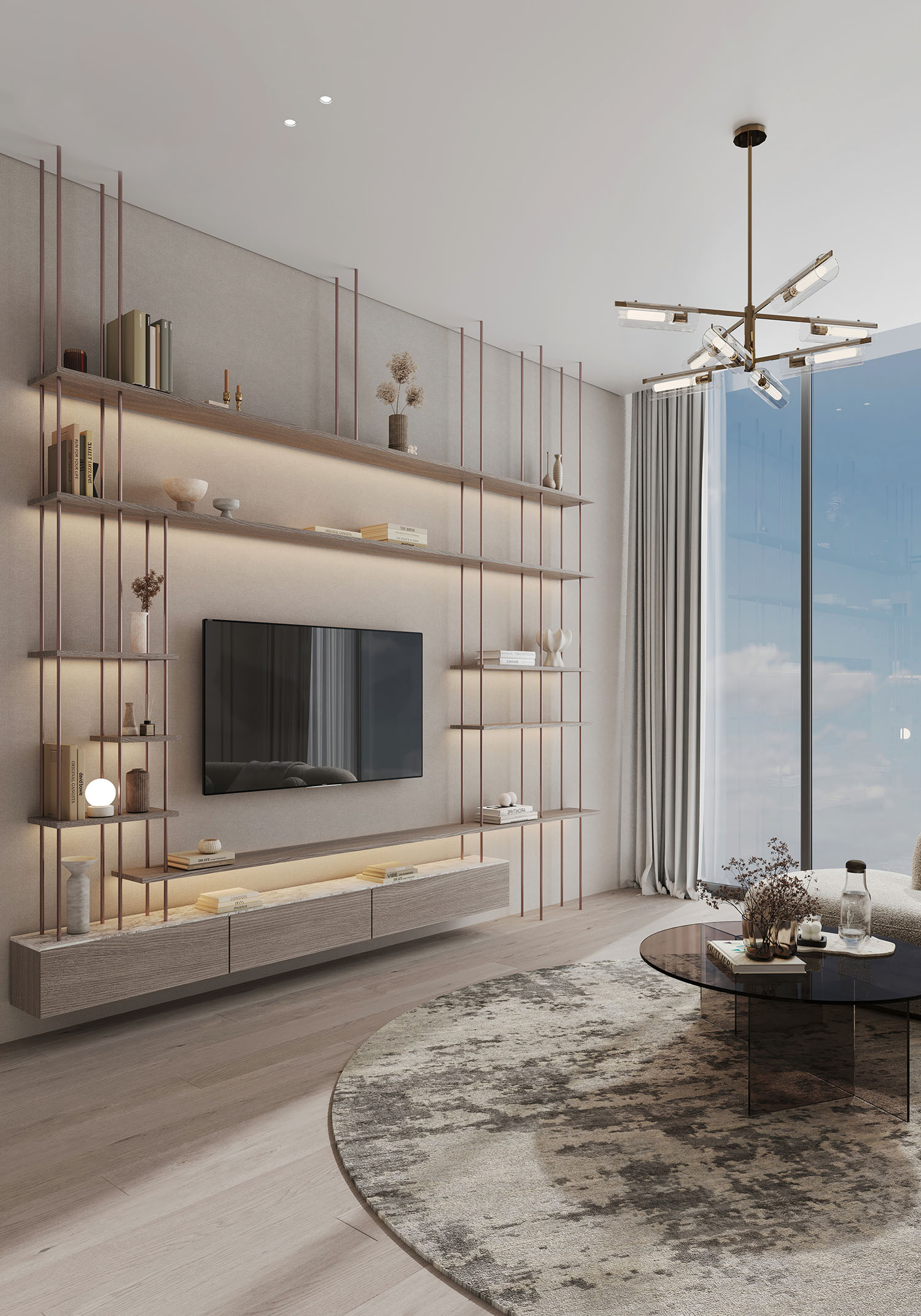 Cove By Imtiaz Modern living room with a sleek TV, stylish shelves, a round coffee table, and large windows offering natural light.